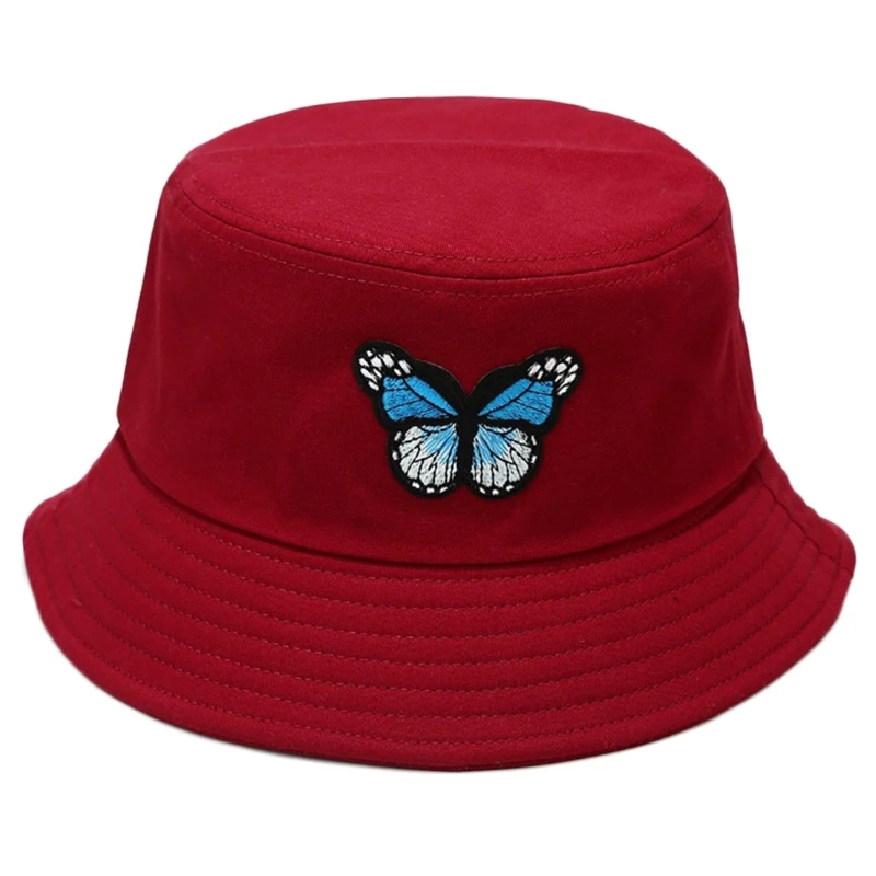 

Women Men Butterfly Embroidery Bucket Hat Harajuku Hip Hop Candy Color Wide Brim Sunscreen Cotton Panama Fisherman Cap