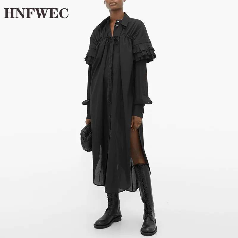 

Women Black Pleated Asymmetrical Big Size Shirt Dress New Lapel Long Sleeve Loose Fit Fashion Spring Autumn 2020 T294