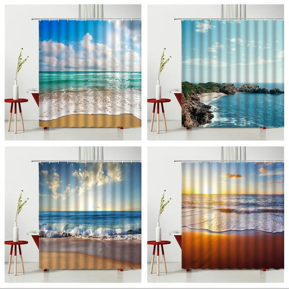 

Шторы для ванной и душа с природным ландшафтом, водонепроницаемые пляжные занавески из полиэстера с принтом, с крючками, для морского побер...