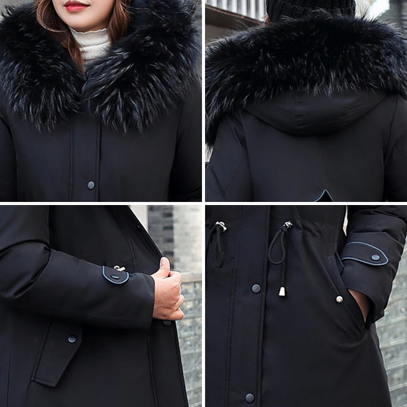 Women's Parka Hooded with Fur Wool Liner Ladies Long Winter Down Jacket Thick Zipper Pockets Solid Padded Coats for Female 2021