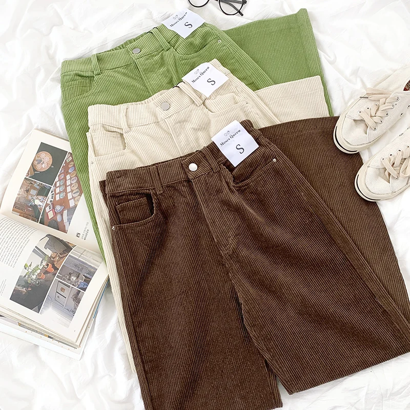 

Vintage Corduroy Women Pants High Waist Autumn Winter High-waist Loose Slim Simple Casual Straight-leg Pants