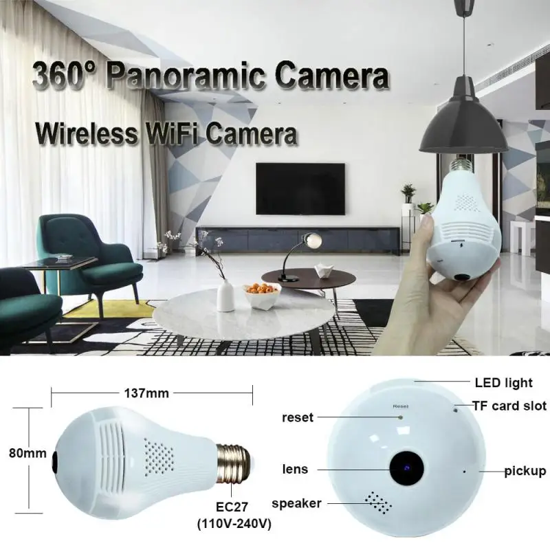 

Hot Sale 360 Degree LED Light 1080P Wireless Panoramic Home Security WiFi Fisheye Bulb Lamp IP Camera Two Ways Audio Dropship