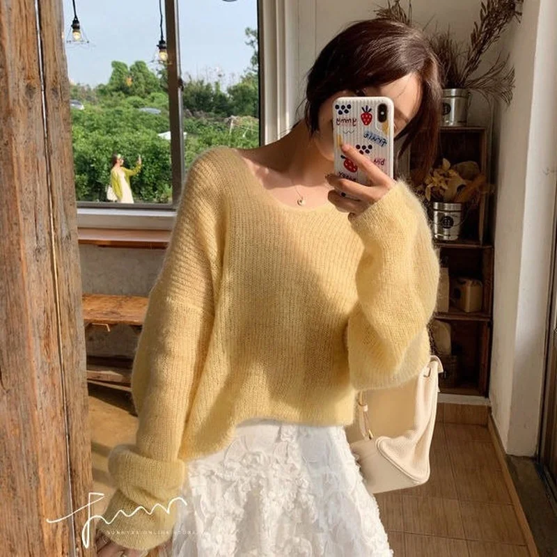 

Spring Autumn Korean Chic Mohair Thin Hollow Out Tops Women V-neck Pullover Vintage Knitted Jumper Femme Crop Knitwear Y62