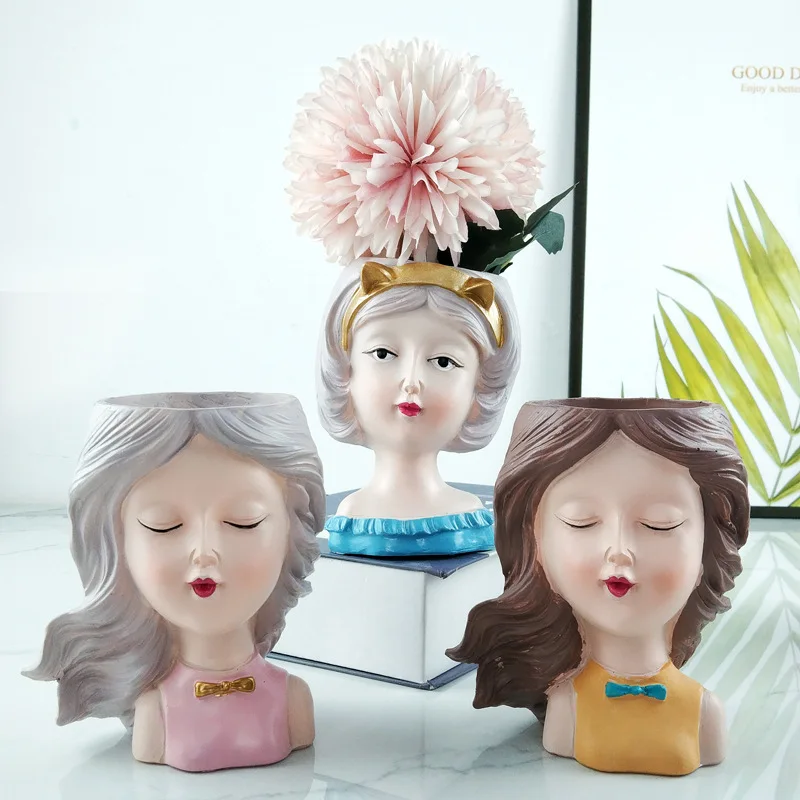 Nordic Ceramic Girl Face Figurines Doll Head Decorative Vase Flower Pot Succulent Orchid Carnivorous Plant Garden Bonsai Pot