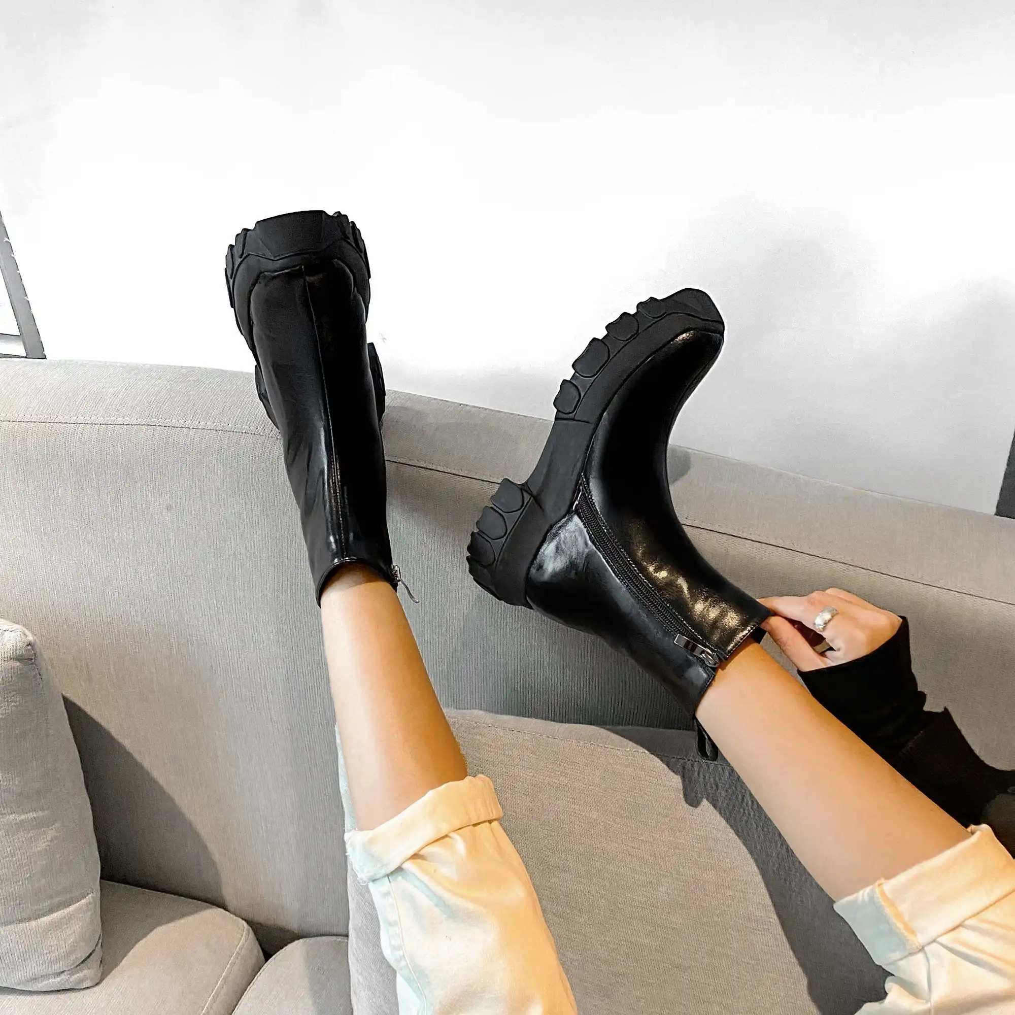 

Krazing Pot snow boots split leather flats platform winter warm round toe thick med heel zipper young lady dress ankle boots L97