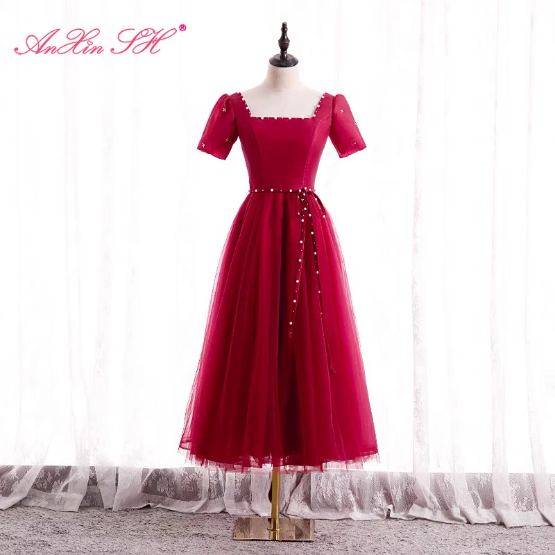 

AnXin SH princess wine red satin lace evening dress vintage party sweetheart beading pearls short sleeve bow bride evening dress