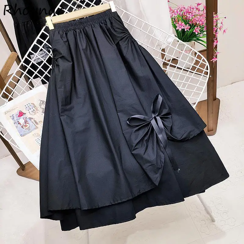 

Skirts Women Summer Solid Simple 2 Colors Black Fashion A-line Bow Breathable Students Streetwear Ulzzang Elegant Comfortable