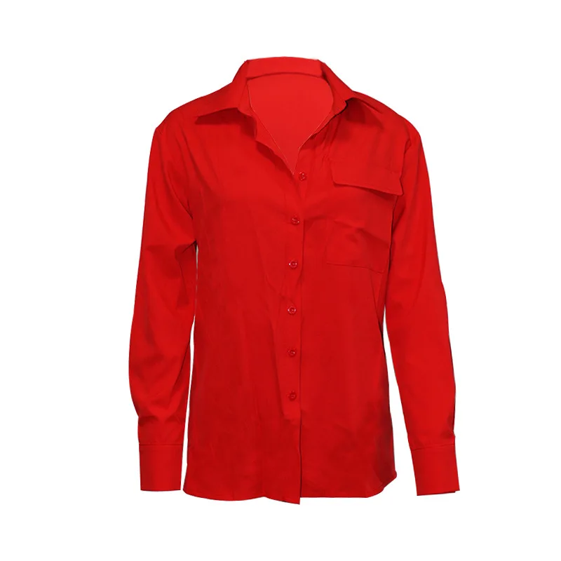 BAMBOOBOY Women's Fashion Solid Color Turn Down Collar Pocket Casual Work Office Top Blouse Shirt FD010
