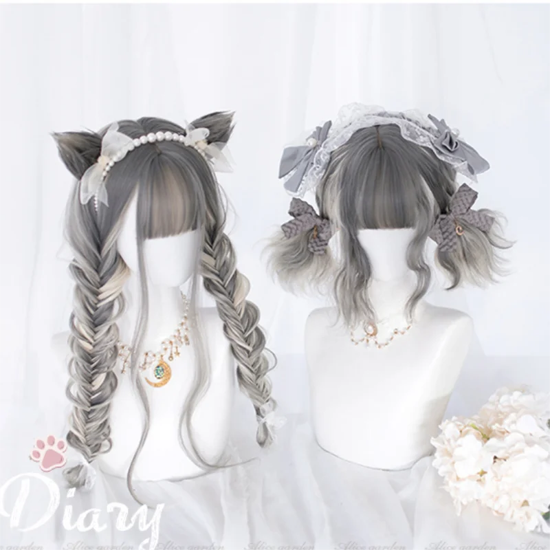 

Daily Harajuku lolita wig cat diary cat ear silver gradient long curly sweet cute student girl women wig Gray maroon brown