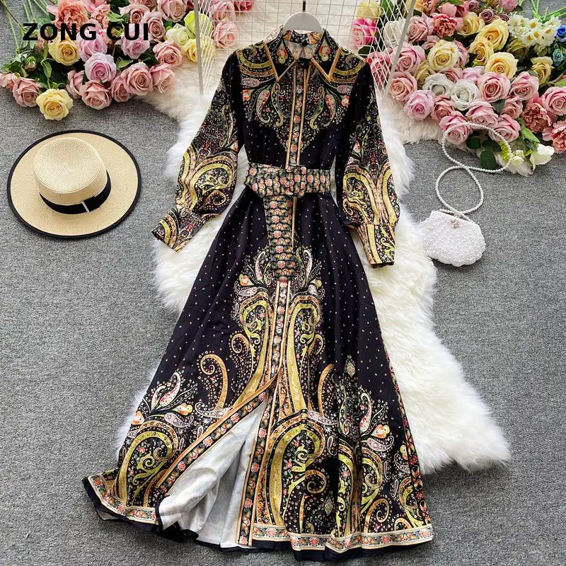 

Дворец печати Платье макси с длинным рукавом 2021 весна и осень женская отложной воротник с высокой талией вечерние платья размера плюс белое...