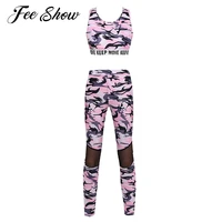 kids girls dance gymnastics sportsuit digital print sleeveless crop top with mesh pants set sports yoga workout fitness outfit