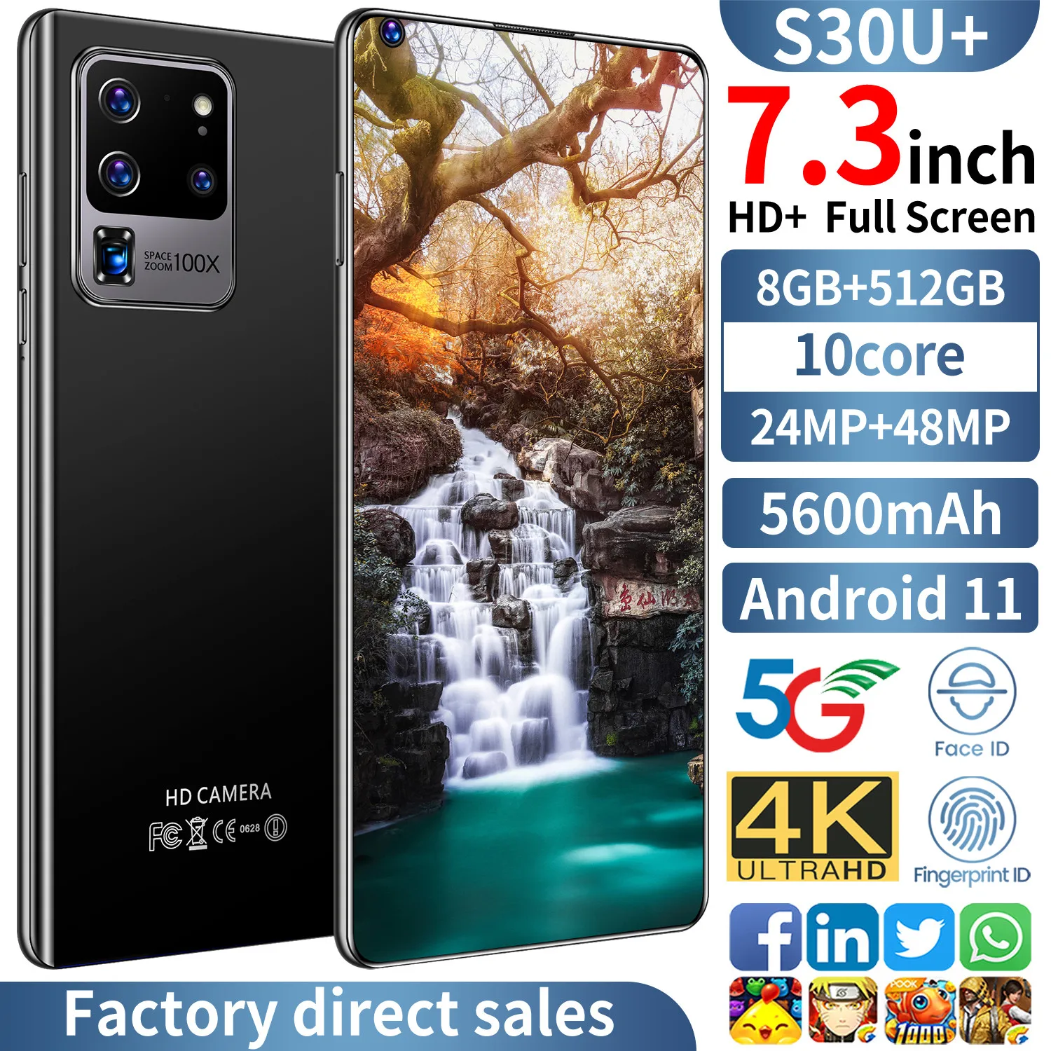 

30U+ Smartphone 10core 7.3inch Full Screen 5G 8+512GB 24MP+48MP HD Camera 5600mAh Android 11 Face Fingerprint ID Fingerprint ID