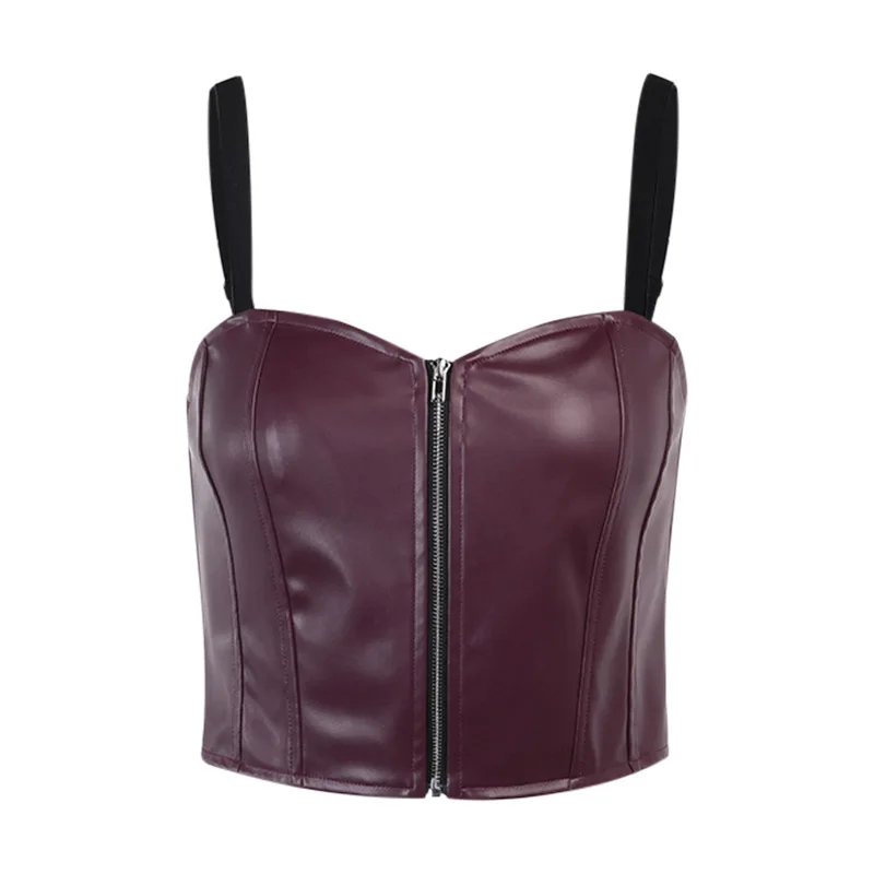 

Pu Faux Leather Strapless Camis for Women Camisole Vintage Zipper Backless Bustier Crop Top Vest Clubwear 2021 Streetwear Yuqung