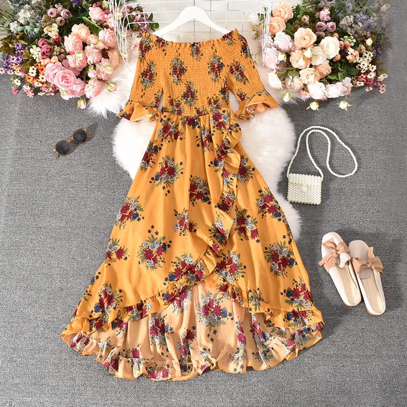 

Beach Holiday Floral Print Dress Retro Women Slash Collar Irregular Long Dresses Elegant Vacation Ruffles Dress Sexy Ropa Mujer