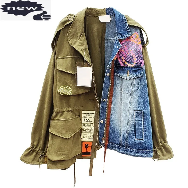 High Street Women Loose Fit Denim Jacket Colors Panelled Mid Jeans Jackets 2021 New Casual Female Pockets Cargo Outwear Coat