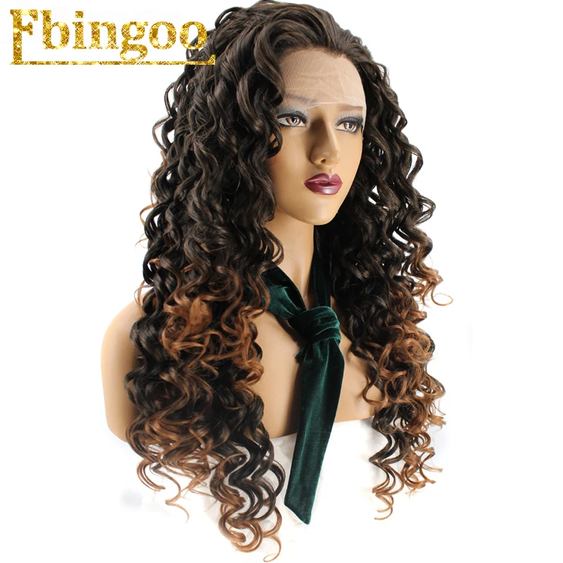 Dark Brown Ombre Ebingoo Ombre Фиолетовый Красный Розовый Блондин Коричневый Оранжевый парик длинный кудрявый синтетический парик на кружеве для женщин высокотемпературное волокно - Цвет: Dark Brown Ombre