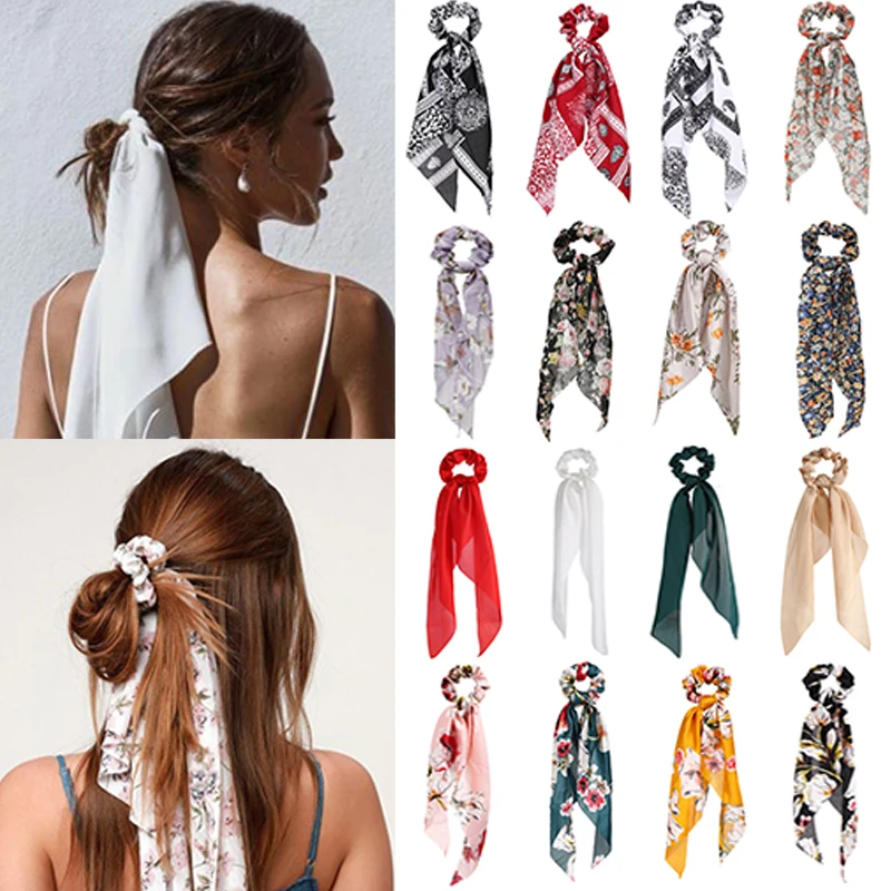 Новый модный длинный атласный шарф-бант с принтом для хвоста резинка волос
