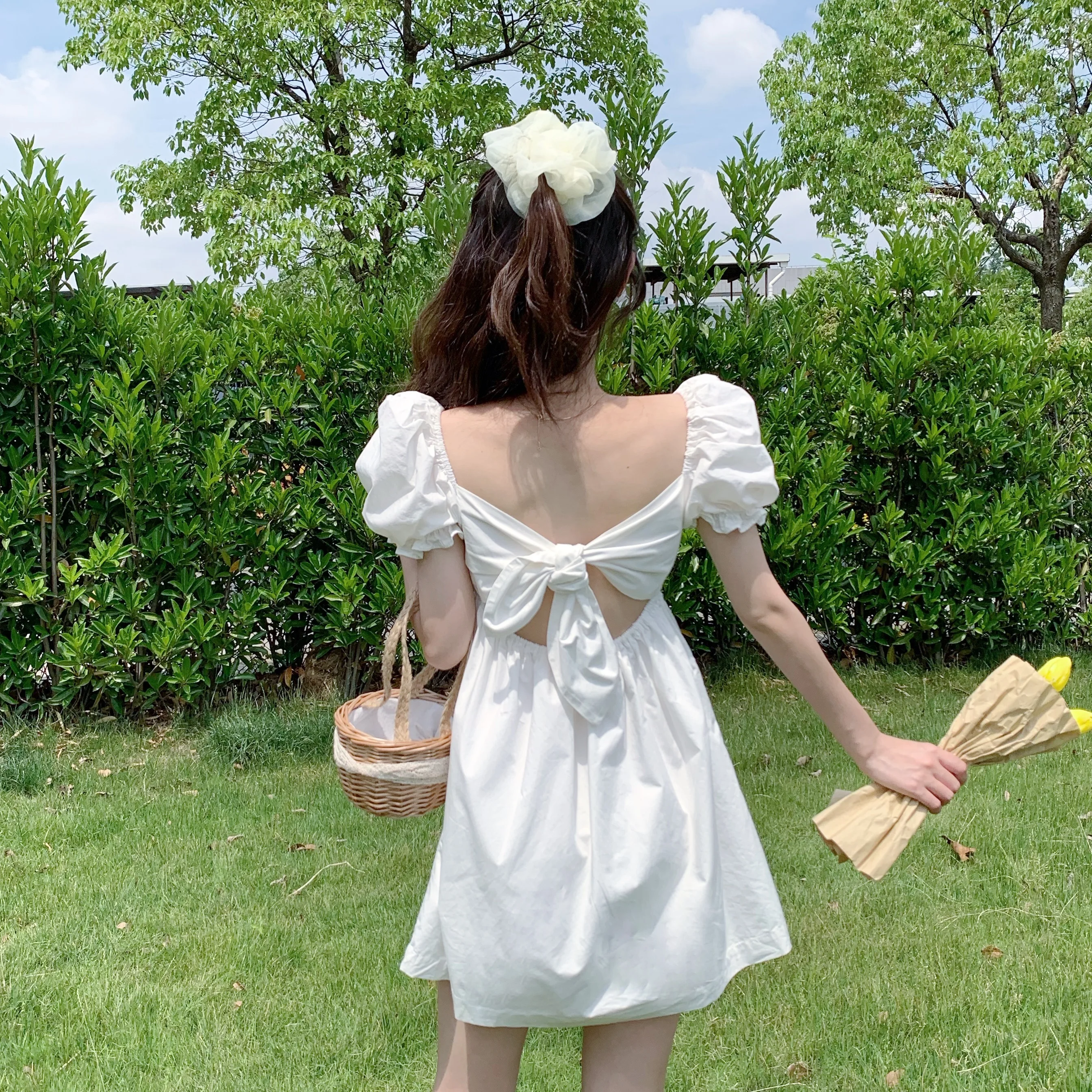 

Girl Bow Dresses Vintage Puff Sleeve Solid Color Short Dress Elegant Ruffle Square Sleeve Slim Vestidos De Fiesta De Noche