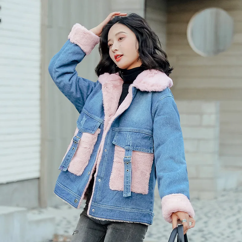 Женское зимнее джинсовое пальто модная Свободная куртка из овечьей шерсти в