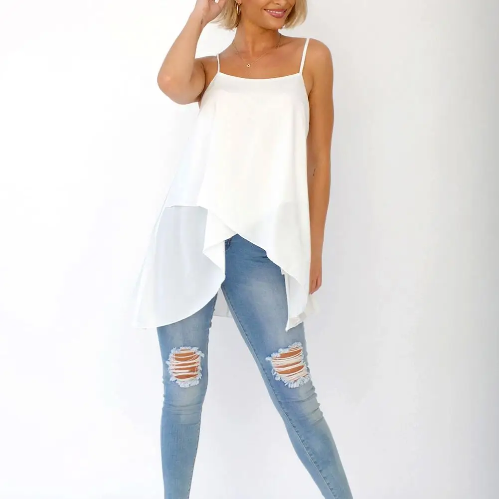 

Майка женская шифоновая с асимметричным подолом, модный белый топ на бретелях-спагетти, без рукавов, на лето