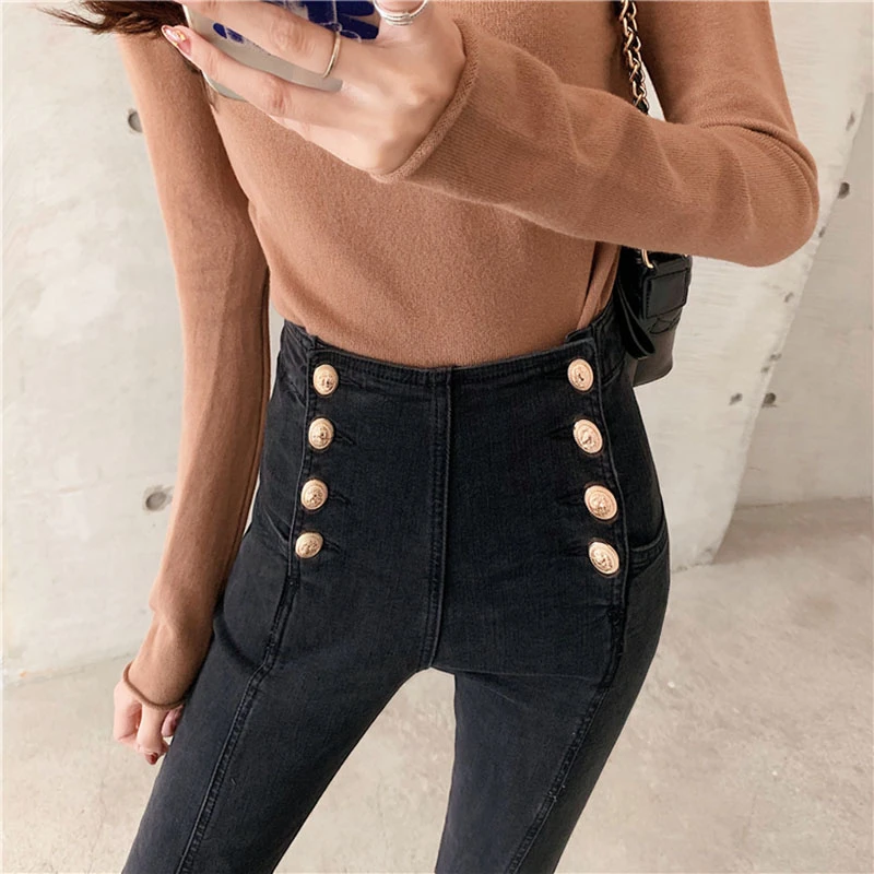 

Pants Double Breasted Blue/black Pencil Pants for Female girls jeans Women High Waist autumn Retro skinny strechy
