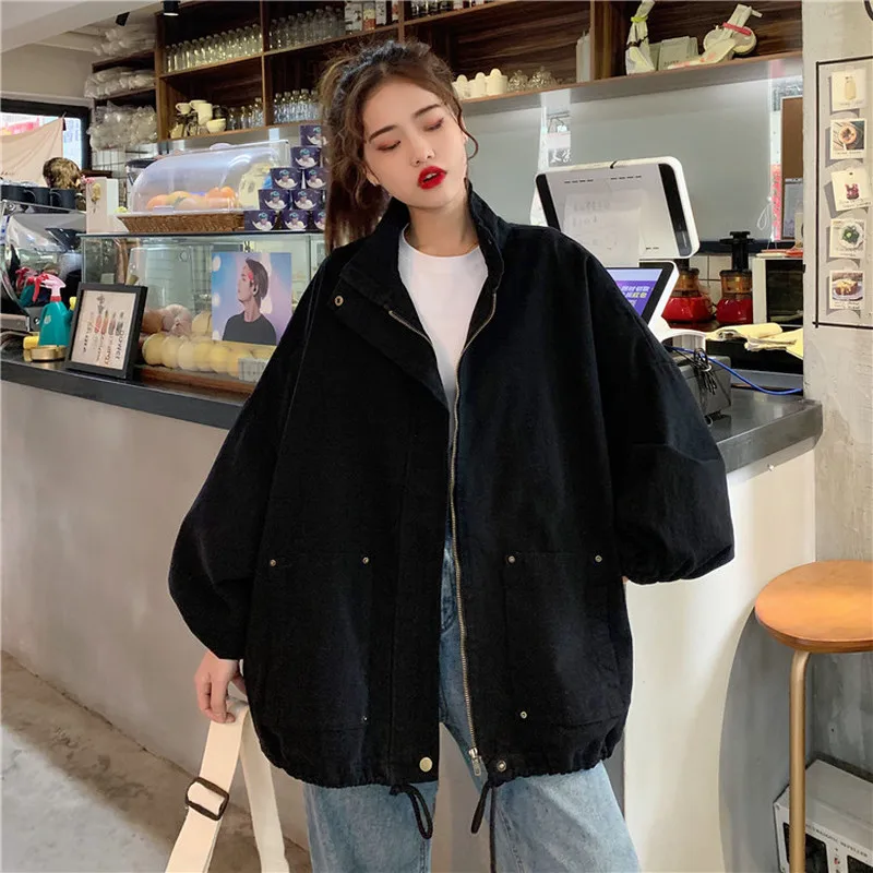 

Women Jackets Solid Simple Unisex Turn-down Collar Drawstring Oversize Basic Coats Female Safari Style All-match Harajuku Trendy