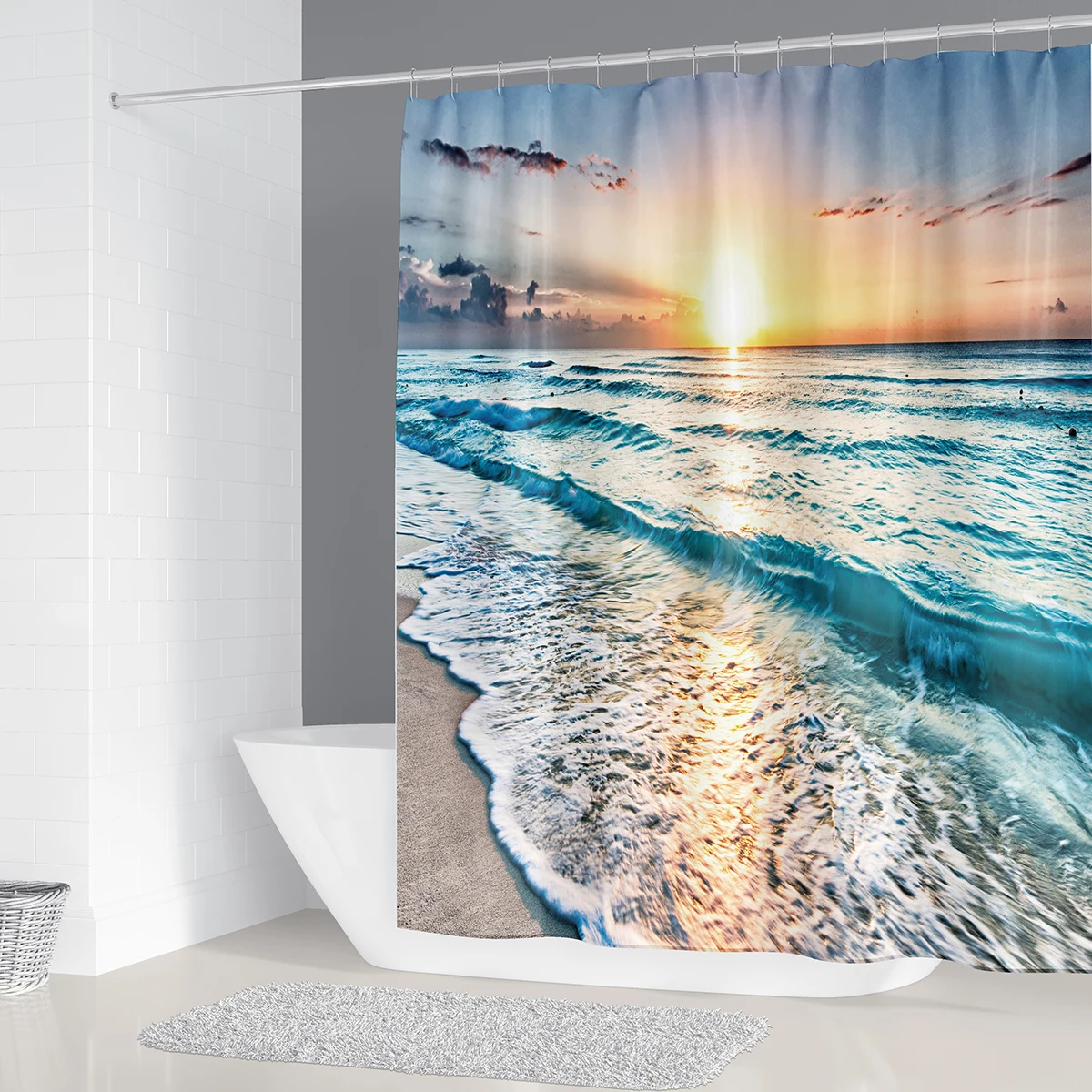 Тканевая занавеска для душа с изображением восхода солнца пляжа морской океан