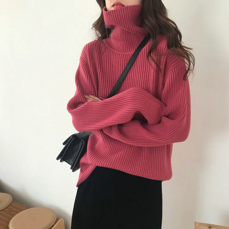 

Winter Turtleneck Knitted Sweater Loose Fashionable Women's Pullover Keep Warm Retro Long-Sleeved Top Bottoming Shirt Solid