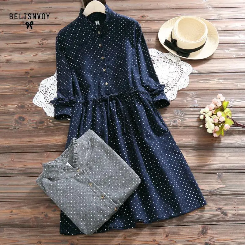 Mori Girl Spring Autumn Women Dresses Stand Collar Elbise Long Sleeve Vintage Dress Polka Dot Printed Femininos Vestidos