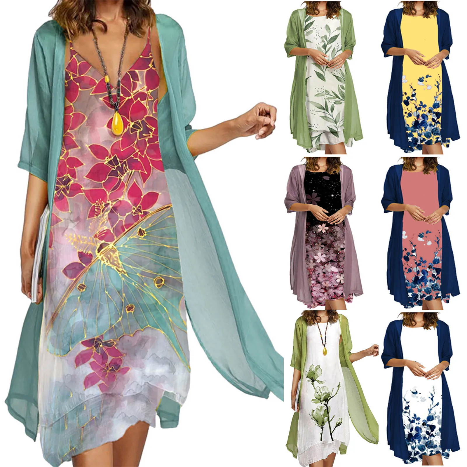 

Women Dress 2021 Casual Floral Print O-neck Sleeveles Dress Solid Chiffon Two-piece Set Dresses Women Casual Женское Платье