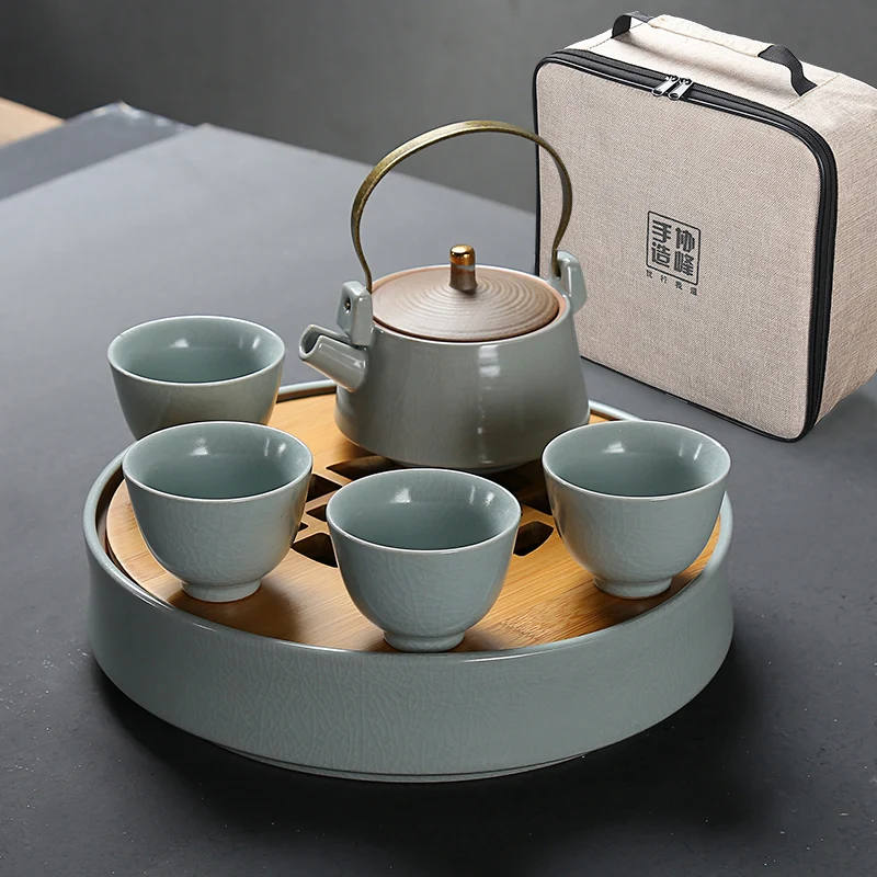 

Kung Fu Tea Set Portable Full Travel Pure Colour Teapot Cups Tray Simple Ceramic Tea Ceremony Bardak Seti Tea Service EI80TS