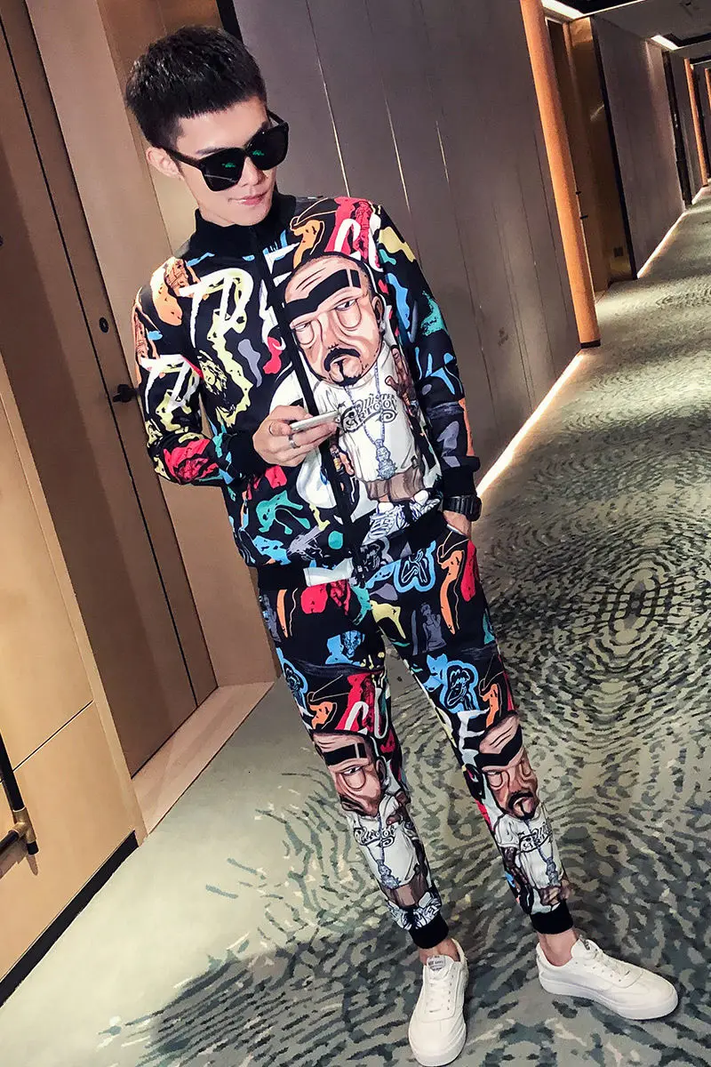 Elastic Waist Pants Men's Floral Sets Fashion Jacket+Pants Men 2 Pieces Slim Fit Casual Tracksuit Clothing High Quality | Мужская