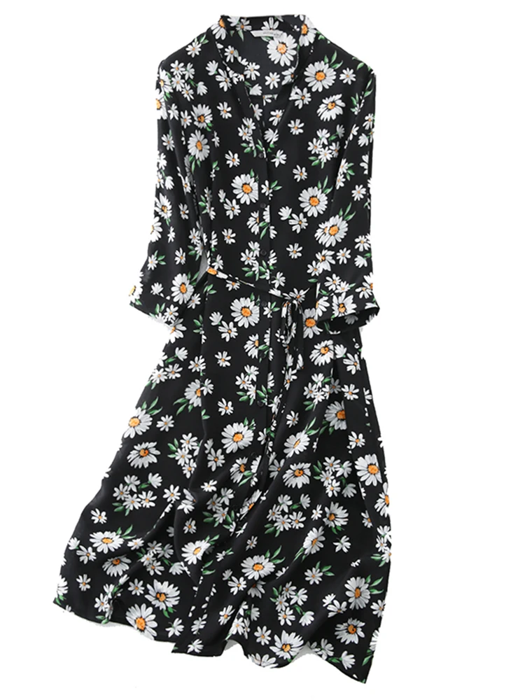 

SuyaDream Woman Silk Midi Dress 100%Silk Crepe Floral Printed Half Sleeves Shirt Dress 2020 Fall Sashes Elegant Dresses Vestidos