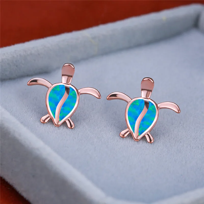 Cute Female Small Turtle Animal Stud Earrings Rose Gold Color Wedding Elegant White Blue Opal For Women | Украшения и аксессуары