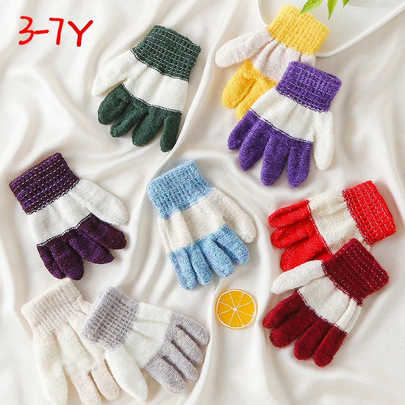 Baby Girls Boys  Student Finger Gloves Winter New Children's Mohair Knitted Warm Gloves Cute Color Matching Full Finger Gloves