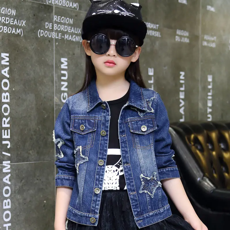 teenagers Girls denim jacket 2021 new spring bling sequins five-pointed star washed coat kids autumn long sleeved casual clothes | Детская