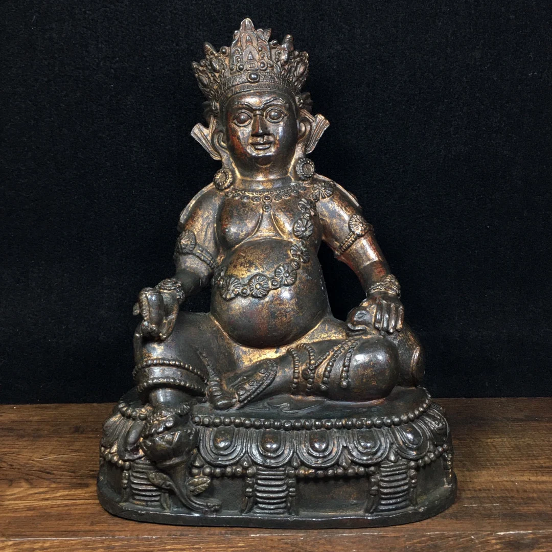 

9"Tibetan Temple Collection Old Bronze Cinnabar Lacquer Yellow God of Wealth Buddha Statue Huang Caishen Enshrine the Buddha