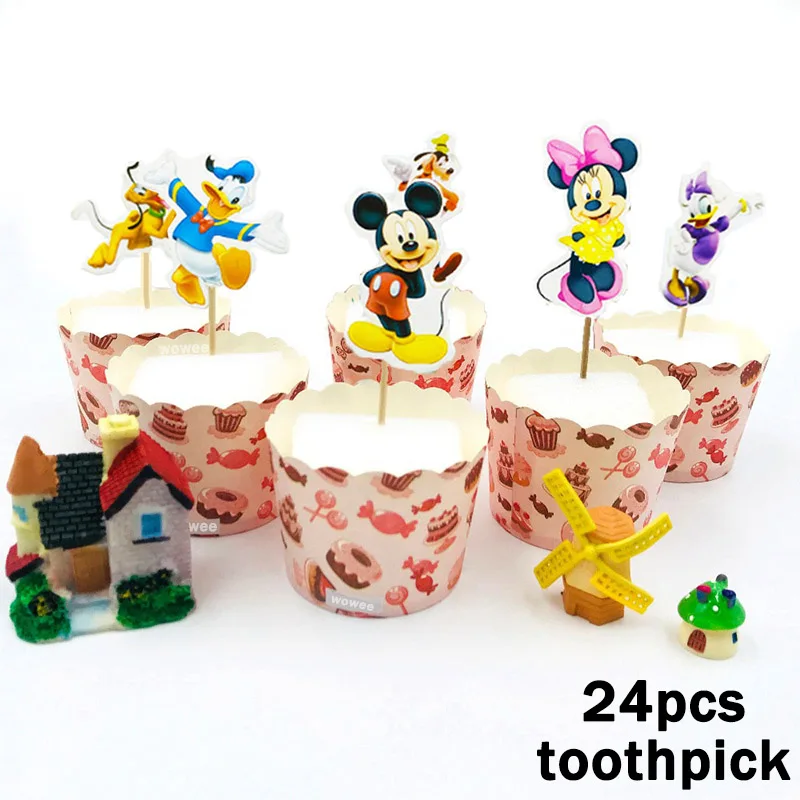 24 шт. обертки+ топперы Минни Микки Маус дизайн цветная бумага кекс украшения торта вечерние принадлежности