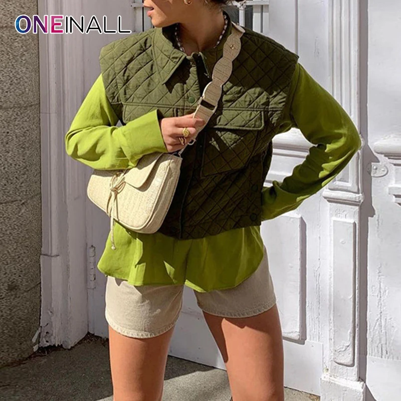 

ONEINALL Patchwork Casual Solid Minimalist Coats For Females Lapel Short Sleeve Green Jackets Women's 2021 Autumn Fashion Style