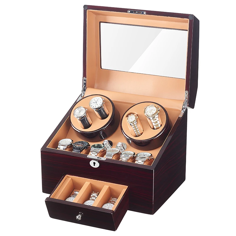 

Automatic Watch Winder Display Box 4+9 Storages Ebony Baking Finish Brown PU Leather Interior