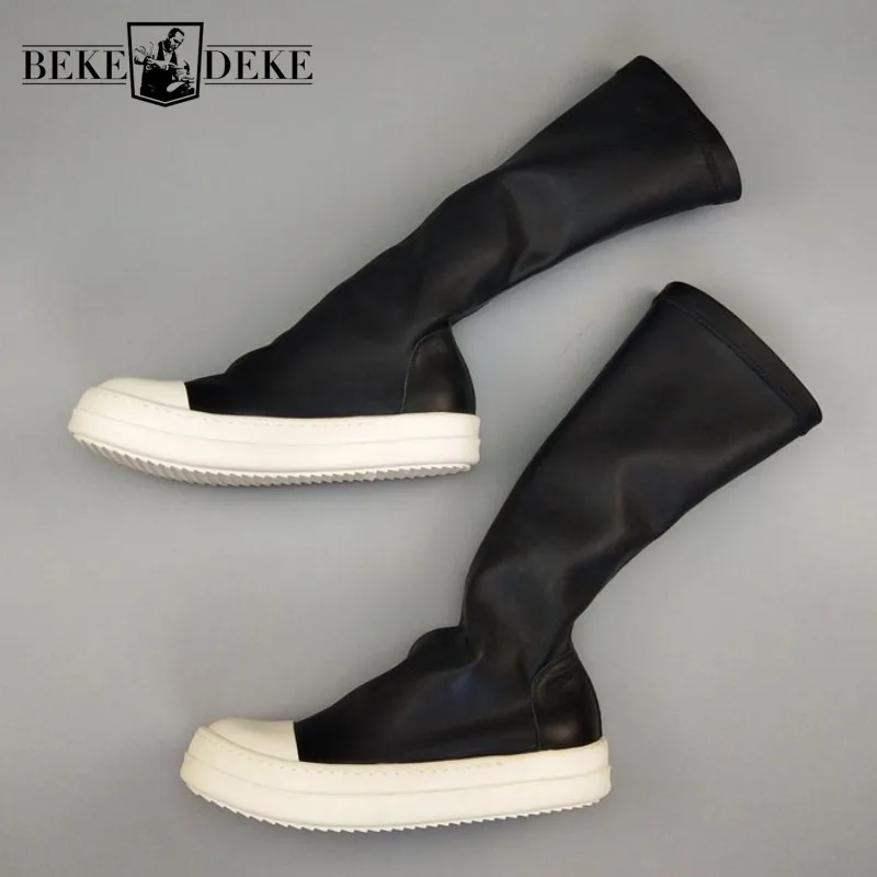 

Long Boots Women Street Stretch Platform Slip-On Knight Boots Casual Black Flat High-Top Sneakers Leather Mid-Calf Boots Female