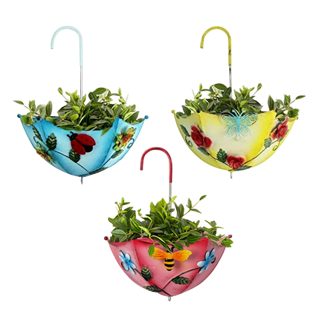 

3pcs Flower Basket Garden Hanging Planter Porch Home Decor Yard Iron Art Umbrella Shape Living Room Plant Holder Wall Mounted