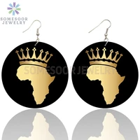 somesoor african map melanin queen wooden drop earrings golden color crown printed black history loops dangle jewelry for women