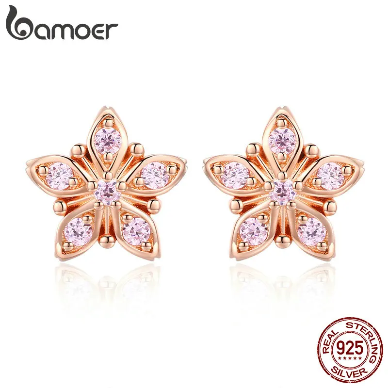 BAMOER Genuine 925 Sterling Silver Sakura Pink Flower Exquisite Stud Earrings for Women Wedding Party Jewelry Gift BSE034