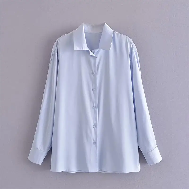 

ZA Summer Women Satin Casual Blouse Long Sleeve Solid Turn Down Collar Female Loose Thin Top Single Breasted Blouse Two Colors