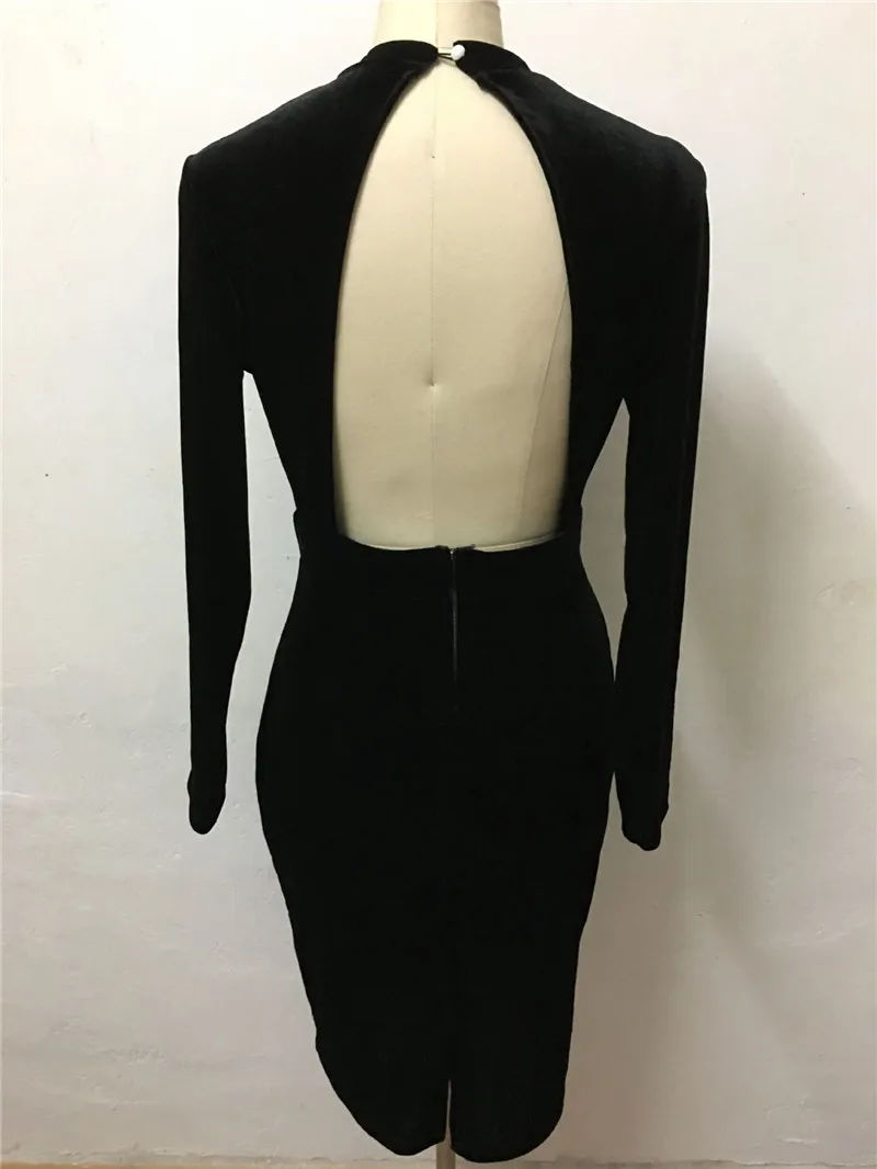 Зимнее бархатное платье с длинным рукавом стразы знаменитости облегающее миди