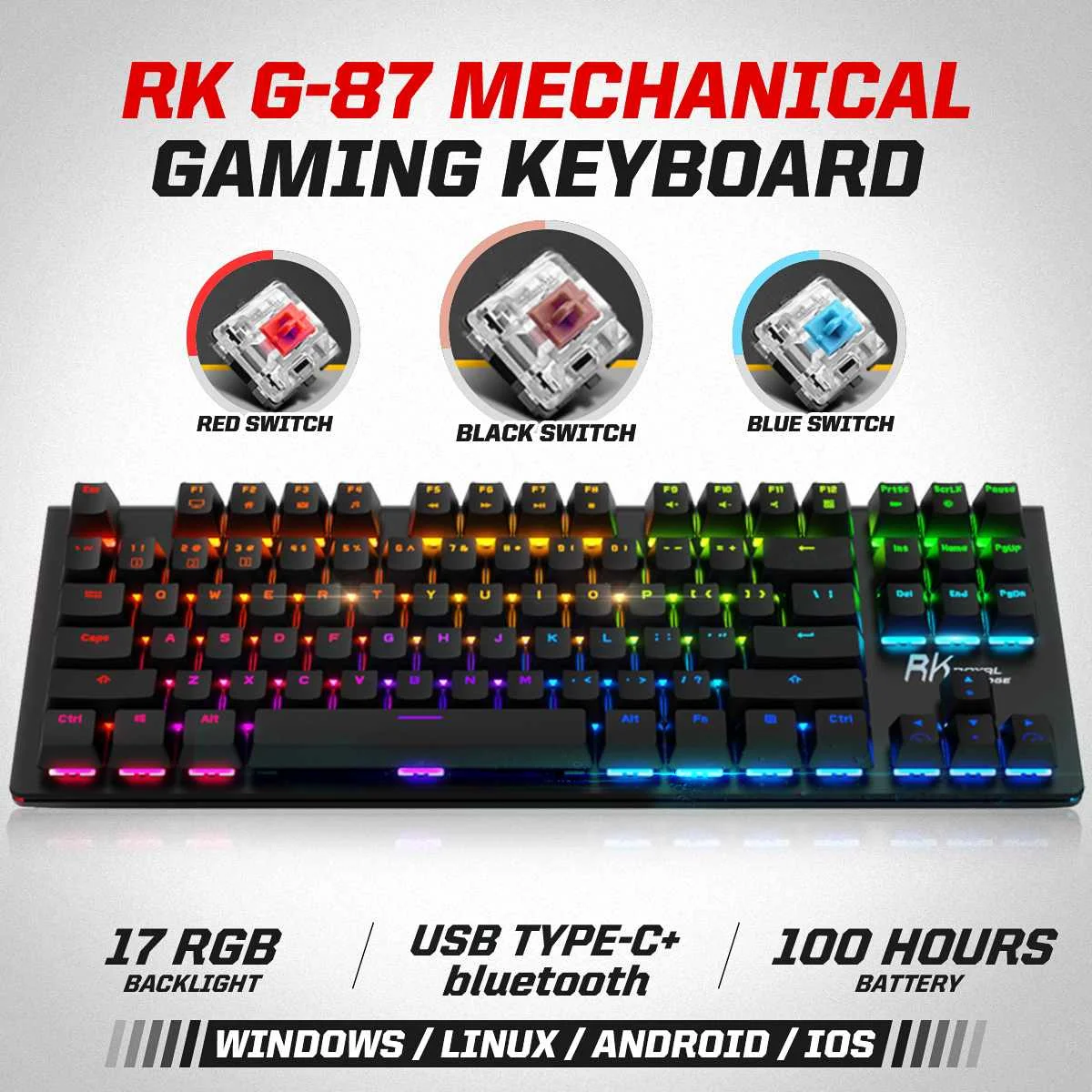 Игровая клавиатура RK G87 Двухрежимная беспроводная bluetooth/USB Проводная с