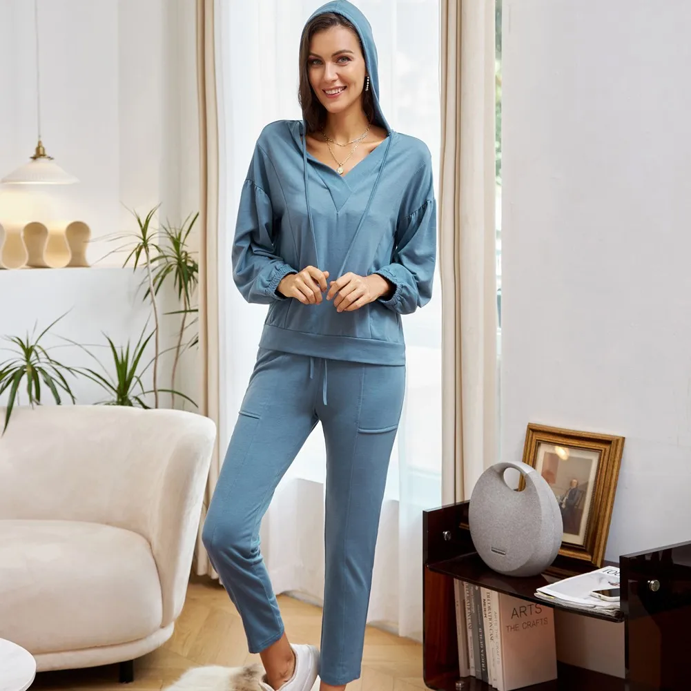 

Kate Kasin Women Casual Fitted Outfit Long Sleeve V-Neck Hooded Tops Long Drawstring Waist Ankle-tied Pants