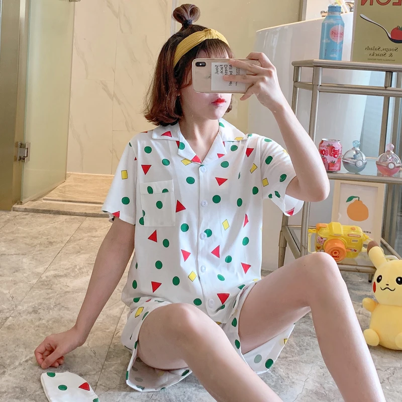 Summer Shorts Pajamas for Women Japan Anime Sleepwear Crayon Cartoon Print Pijama Grils Nightwear Homesuit Casual Eyemask Ins