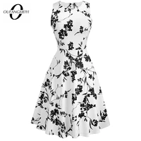 summer women vintage black floral print sleeveless swing a line elegant lady o neck knee length dress ea099